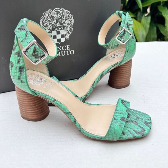 Vince Camuto MEJORLA Two-Piece Heeled Sandal Sz 8 WIDE in Green Cotia Snake - Picture 2 of 12